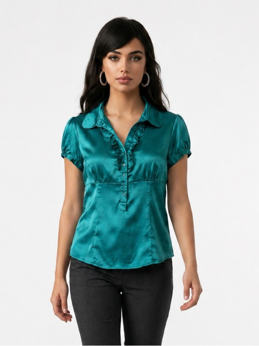 FMX Emerald Green Satin Blouse Short Sleeve Button Front Top Women’s Large L